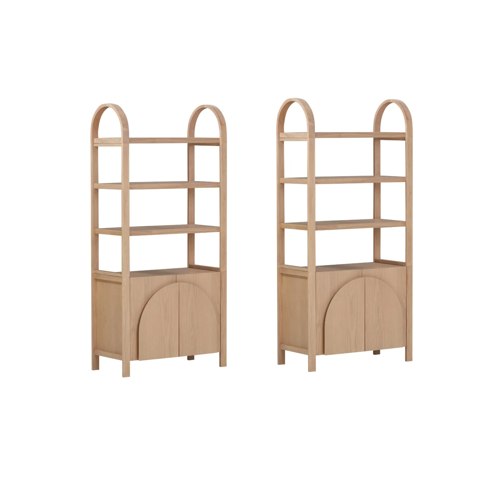 Mid-Century Arched Door Bookshelf with Doors Raw Oak (Set of 2)