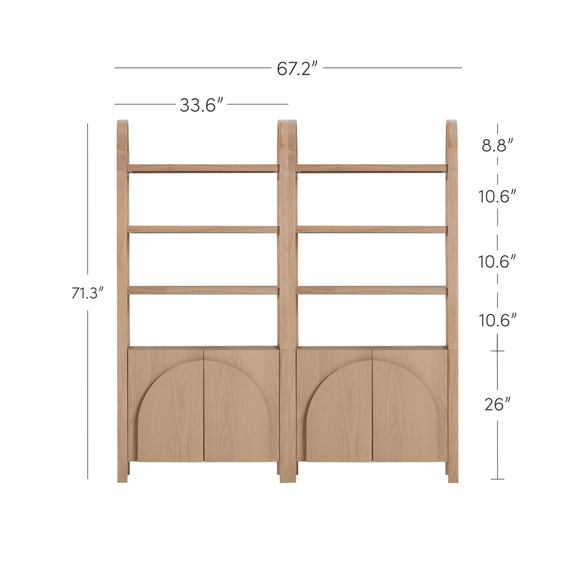 Mid-Century Arched Door Bookshelf with Doors Raw Oak (Set of 2)