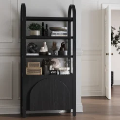 Mid-Century Arched Door Bookshelf with Doors Black