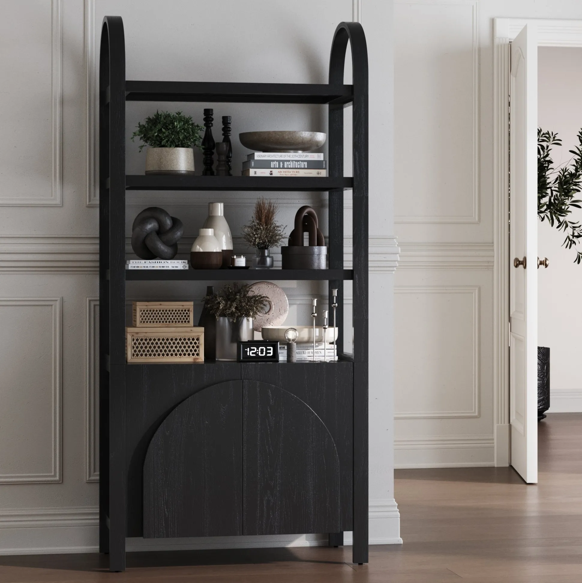 Mid-Century Arched Door Bookshelf with Doors Black