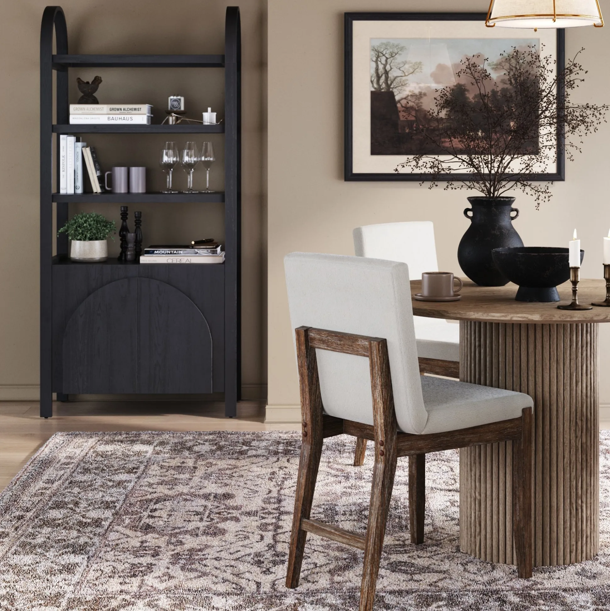 Mid-Century Arched Door Bookshelf with Doors Black