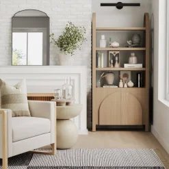 Mid-Century Arched Door Bookshelf with Doors Raw Oak