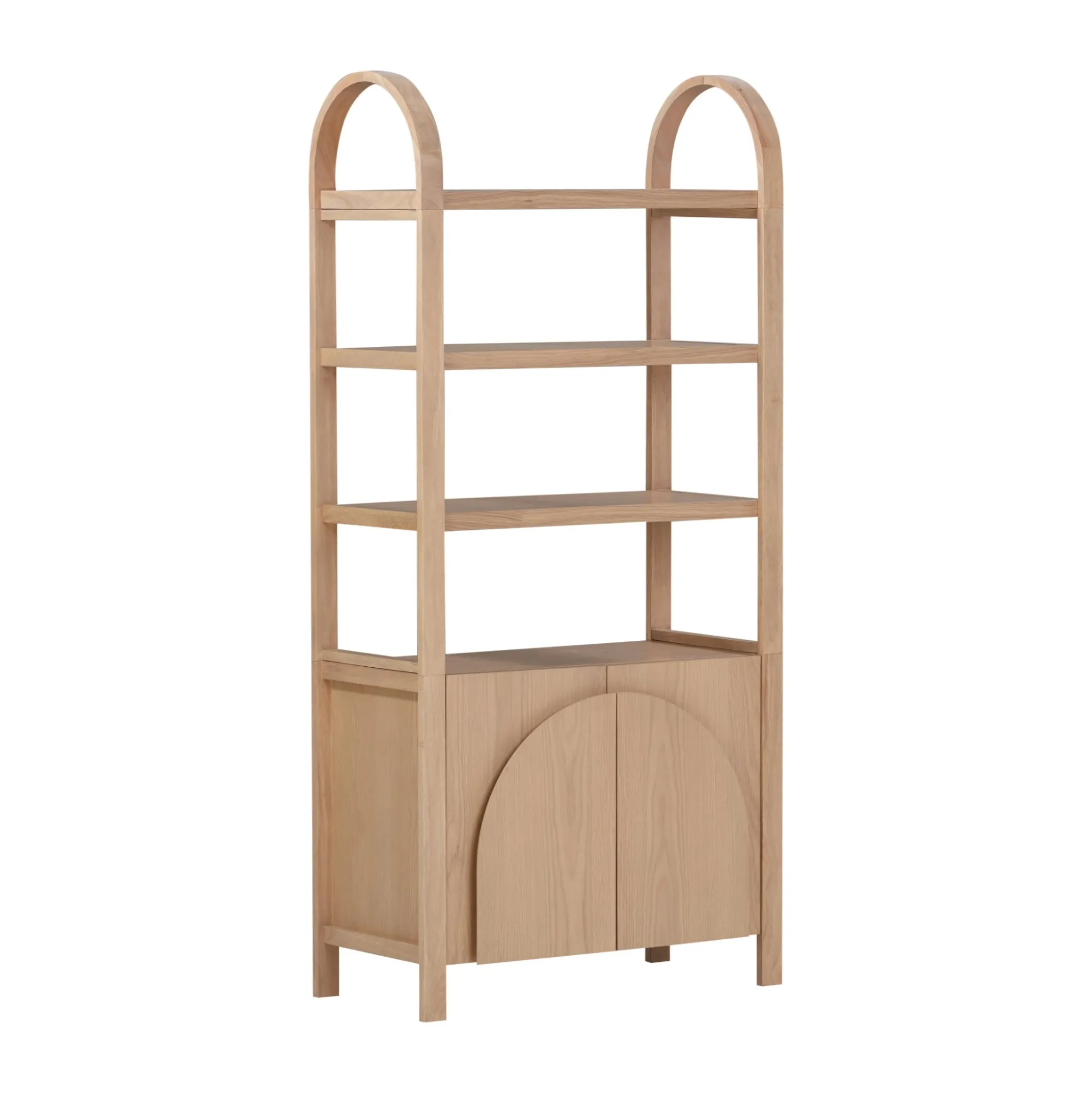 Mid-Century Arched Door Bookshelf with Doors Raw Oak
