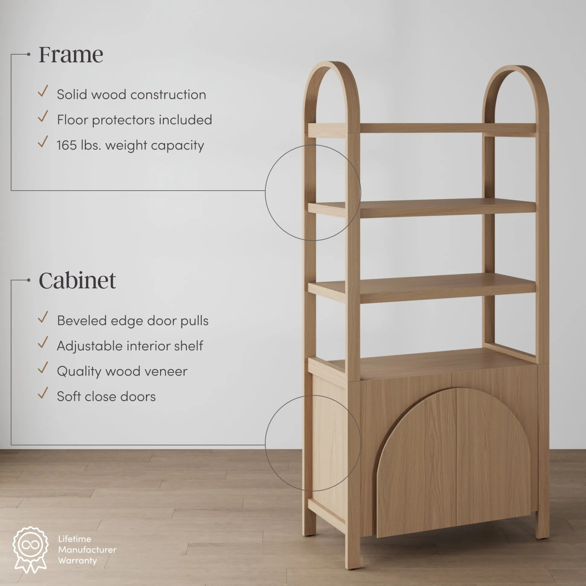 Mid-Century Arched Door Bookshelf with Doors Raw Oak