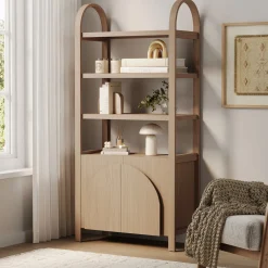 Mid-Century Arched Door Bookshelf with Doors Raw Oak