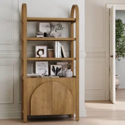 Mid-Century Arched Door Bookshelf with Doors Light Brown