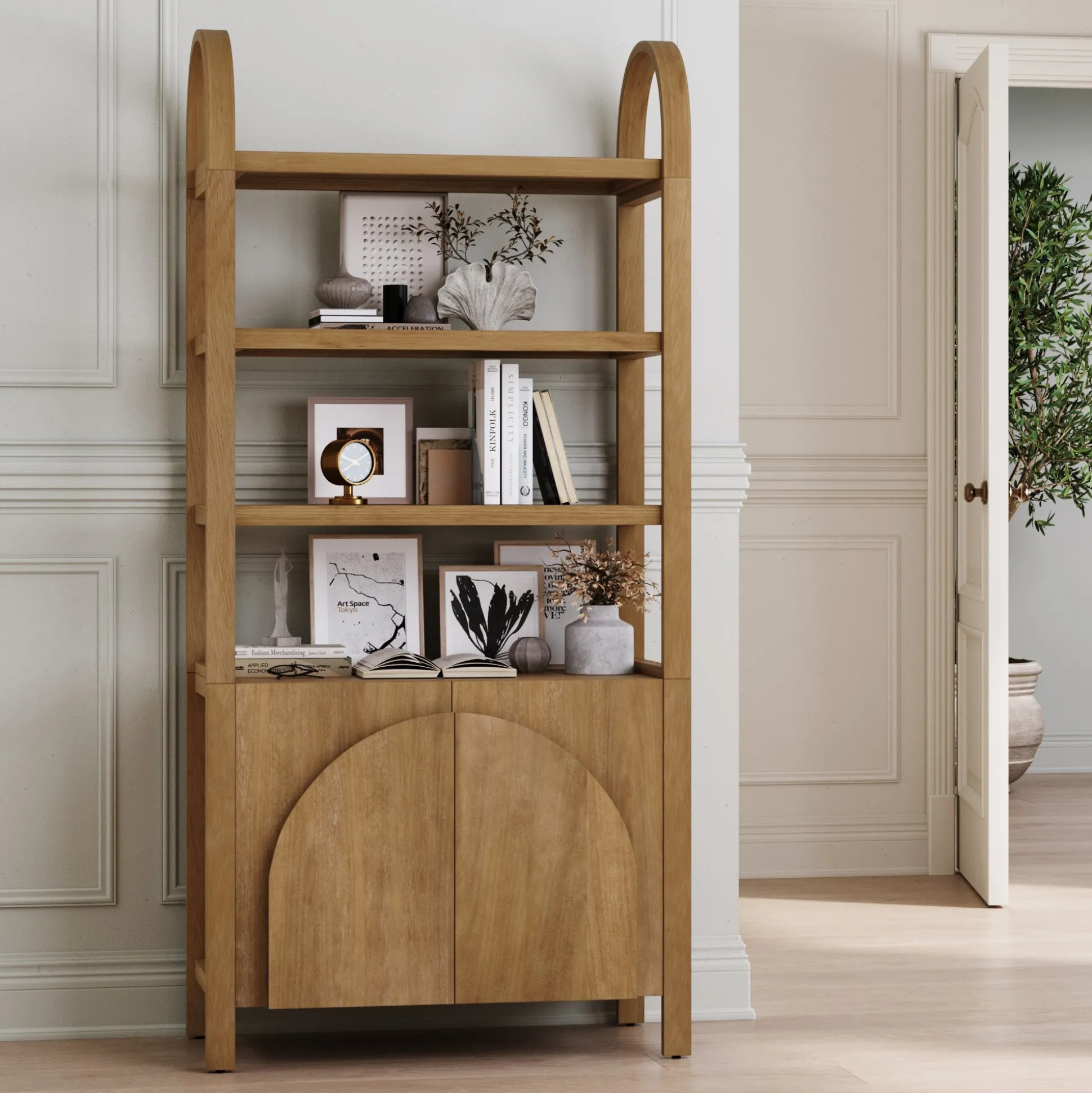 Mid-Century Arched Door Bookshelf with Doors Light Brown