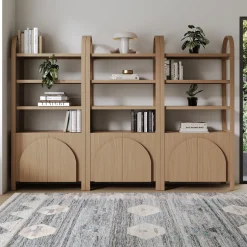 Mid-Century Arched Door Bookshelf with Doors Raw Oak (Set of 3)