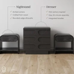 Mid-Century Arched Dresser and Two Nightstands Set Black Oak