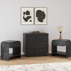 Mid-Century Arched Dresser and Two Nightstands Set Black Oak