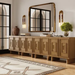 Mid Century Bar Cabinet Credenza with Sculpted Doors Light Brown (Set of 4)