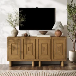 Mid Century Bar Cabinet Credenza with Sculpted Doors Light Brown (Set of 2)