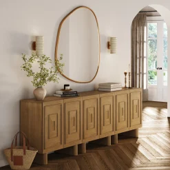 Mid Century Bar Cabinet Credenza with Sculpted Doors Light Brown (Set of 3)
