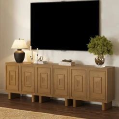 Mid Century Bar Cabinet Credenza with Sculpted Doors Light Brown (Set of 3)