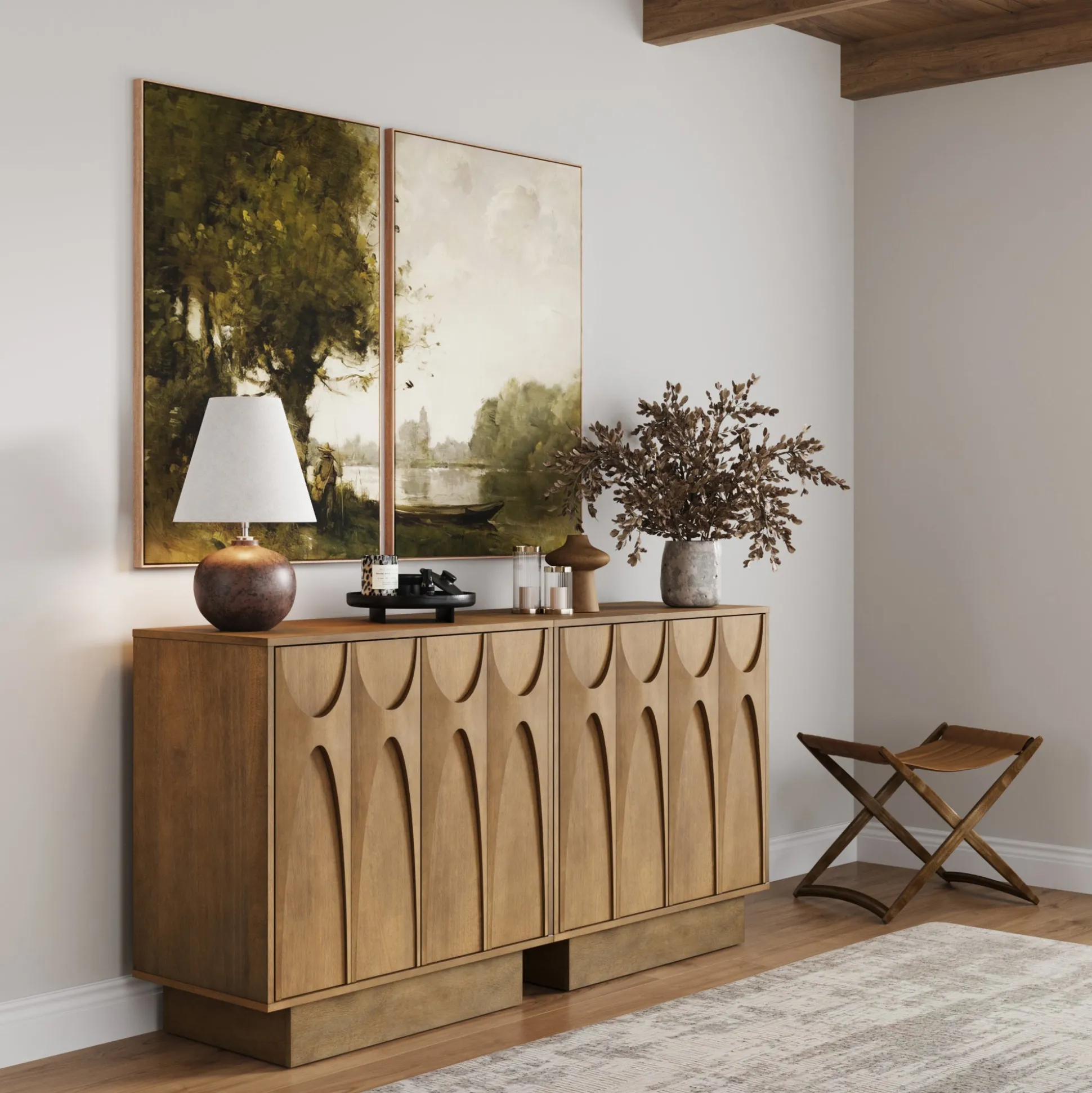 Mid Century Credenza with Antique Carved Doors Light Brown