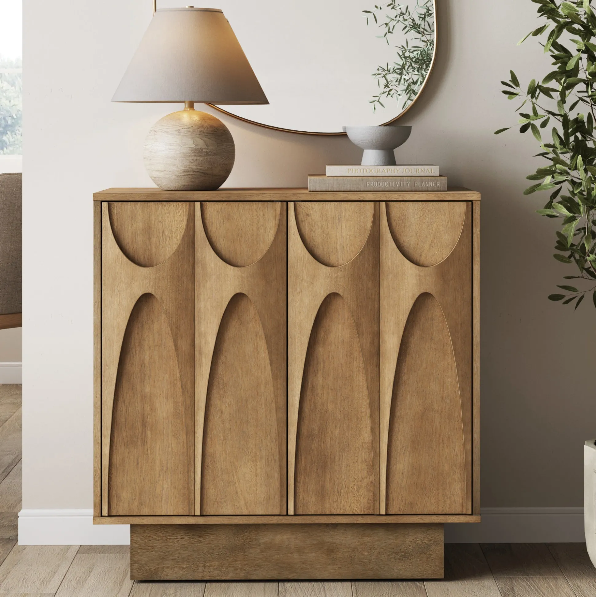Mid Century Credenza with Antique Carved Doors Light Brown