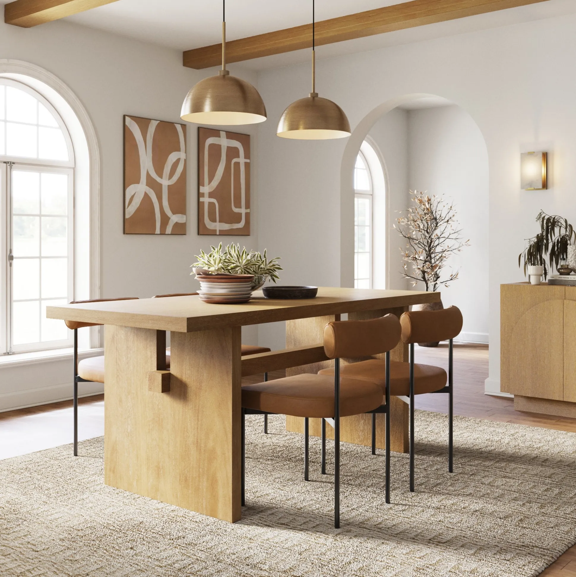 Mid-Century Dining Set Light Brown (4 Chairs)