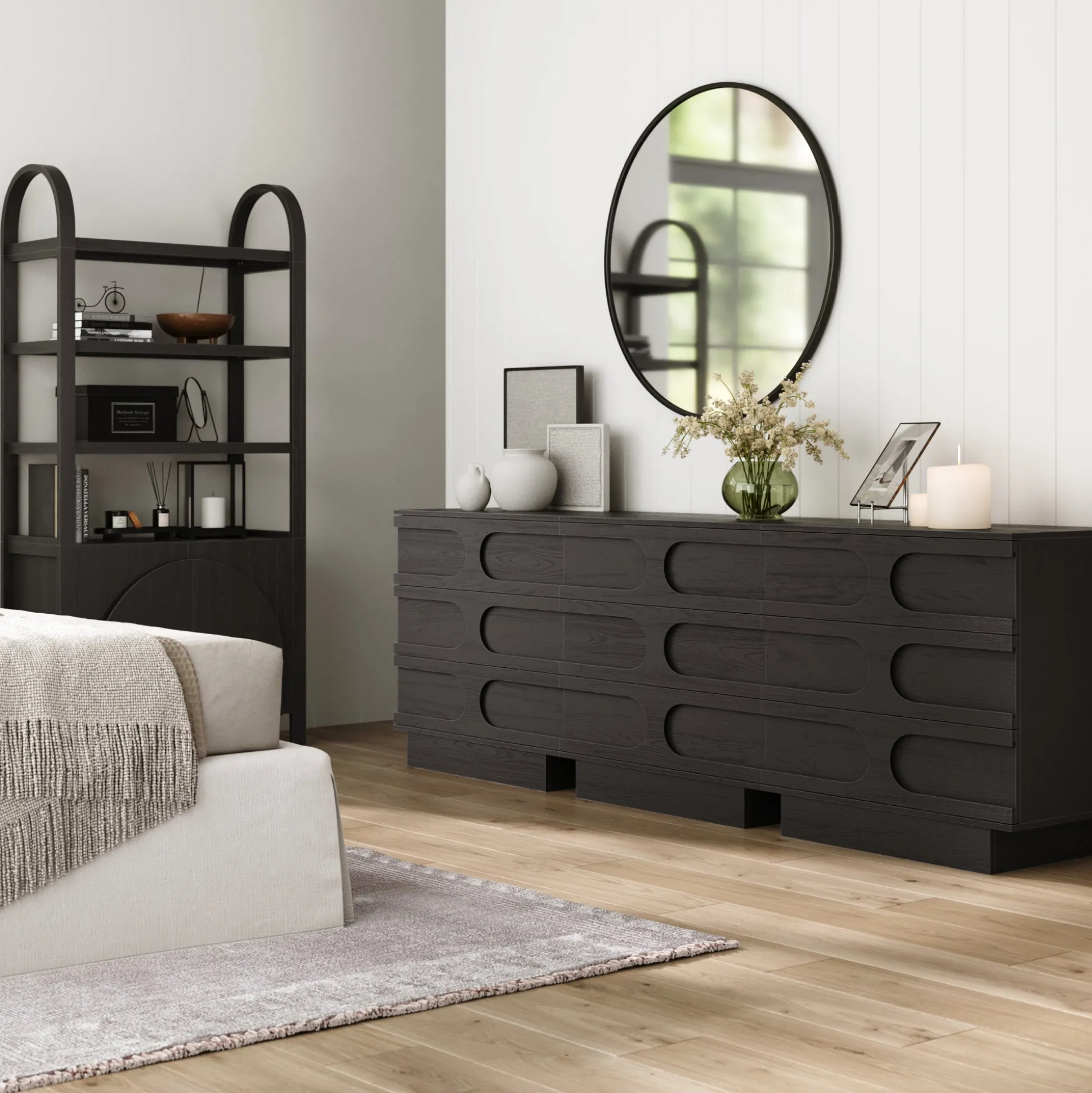 Mid-Century 3-Drawer Arched Dresser Black Oak (Set of 3)