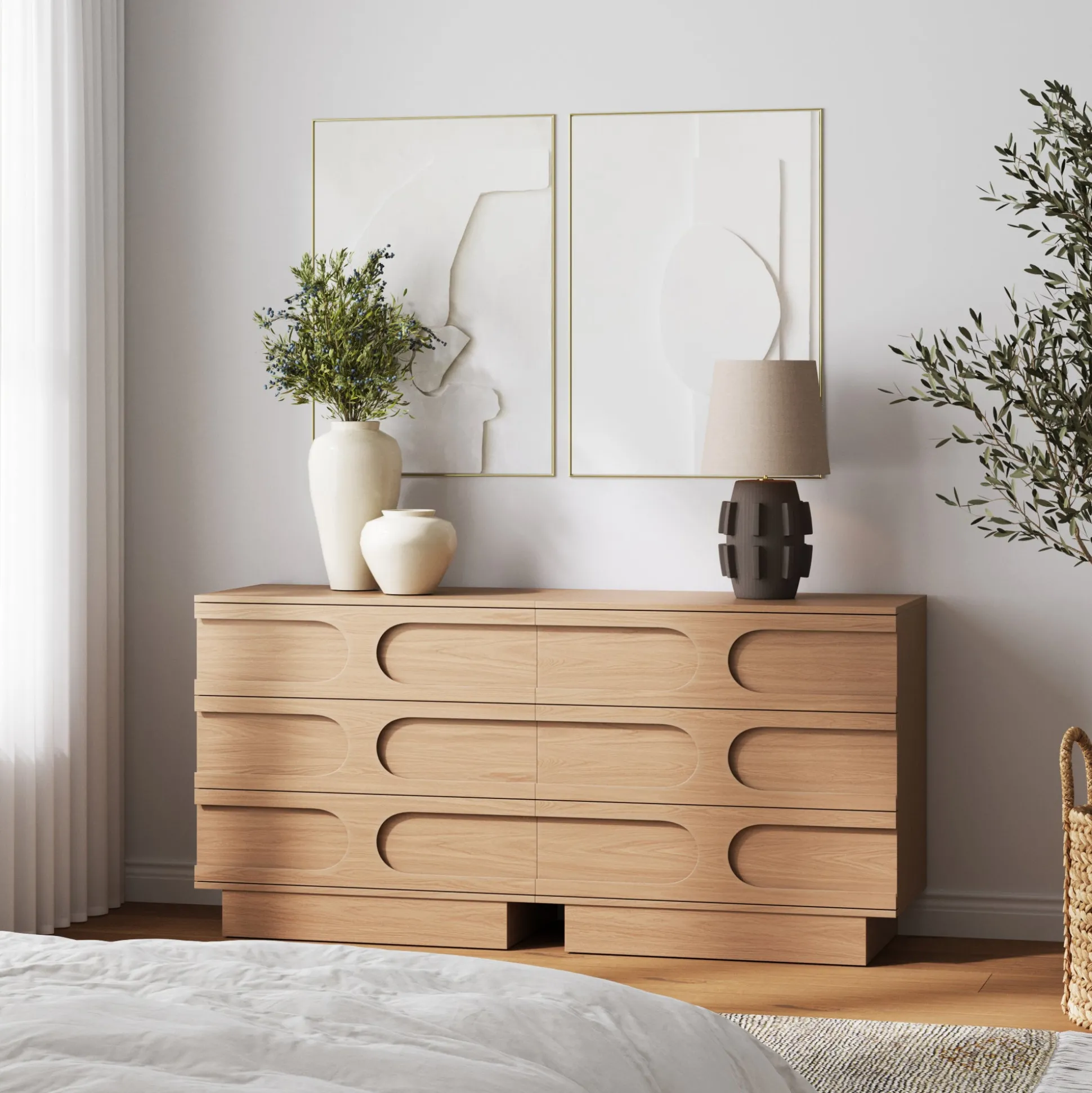 Mid-Century 3-Drawer Arched Dresser Raw Oak