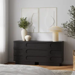Mid-Century 3-Drawer Arched Dresser Black Oak
