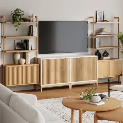 Mid-Century Entertainment Center Light Brown Warm White (2 Cabinets)