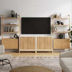 Mid-Century Entertainment Center Light Brown Warm White (2 Cabinets)