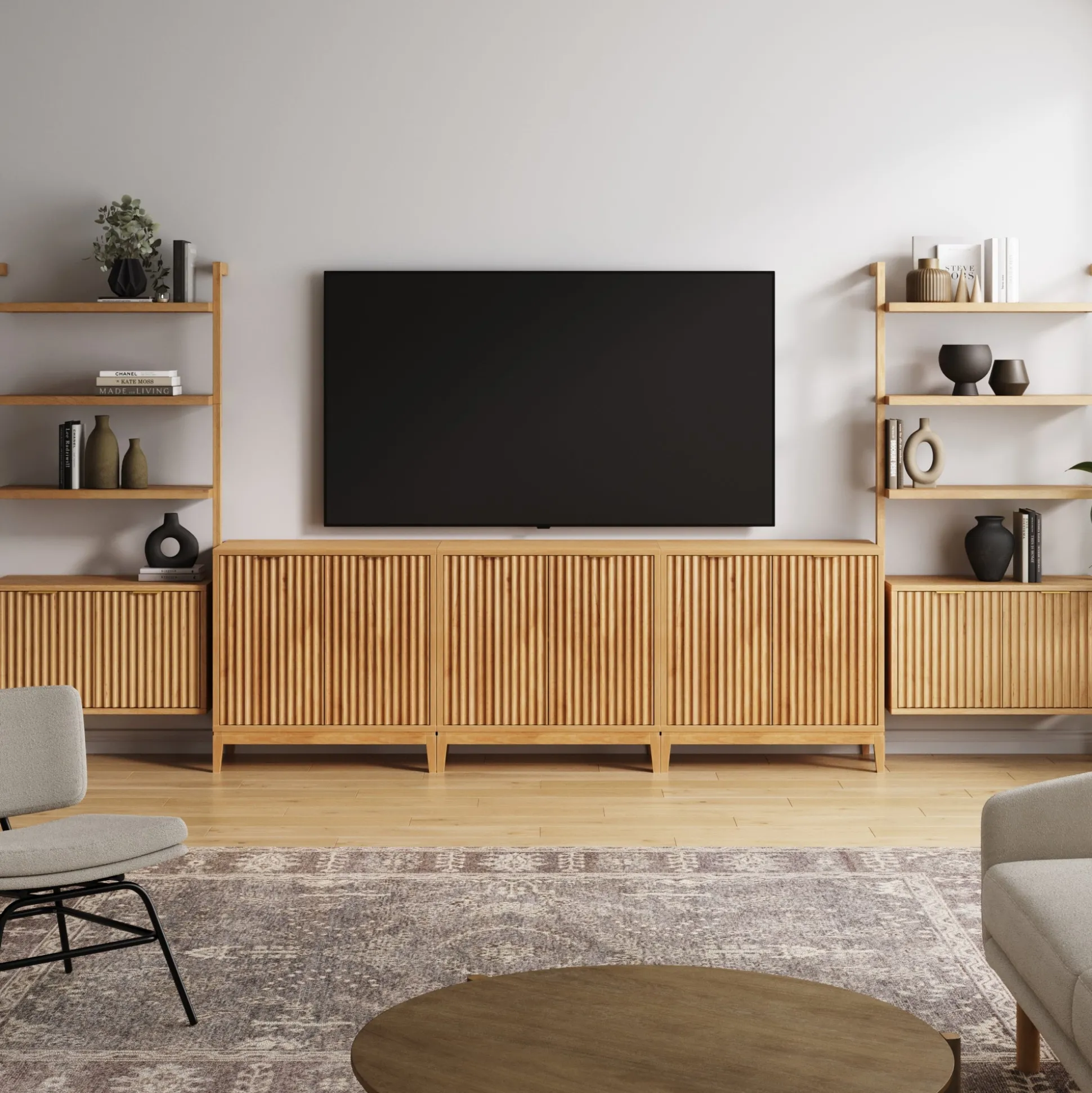 Mid-Century Entertainment Center Warm Pine (3 Cabinets)