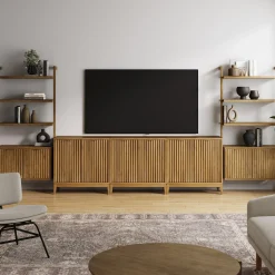 Mid-Century Entertainment Center Light Brown (3 Cabinets)