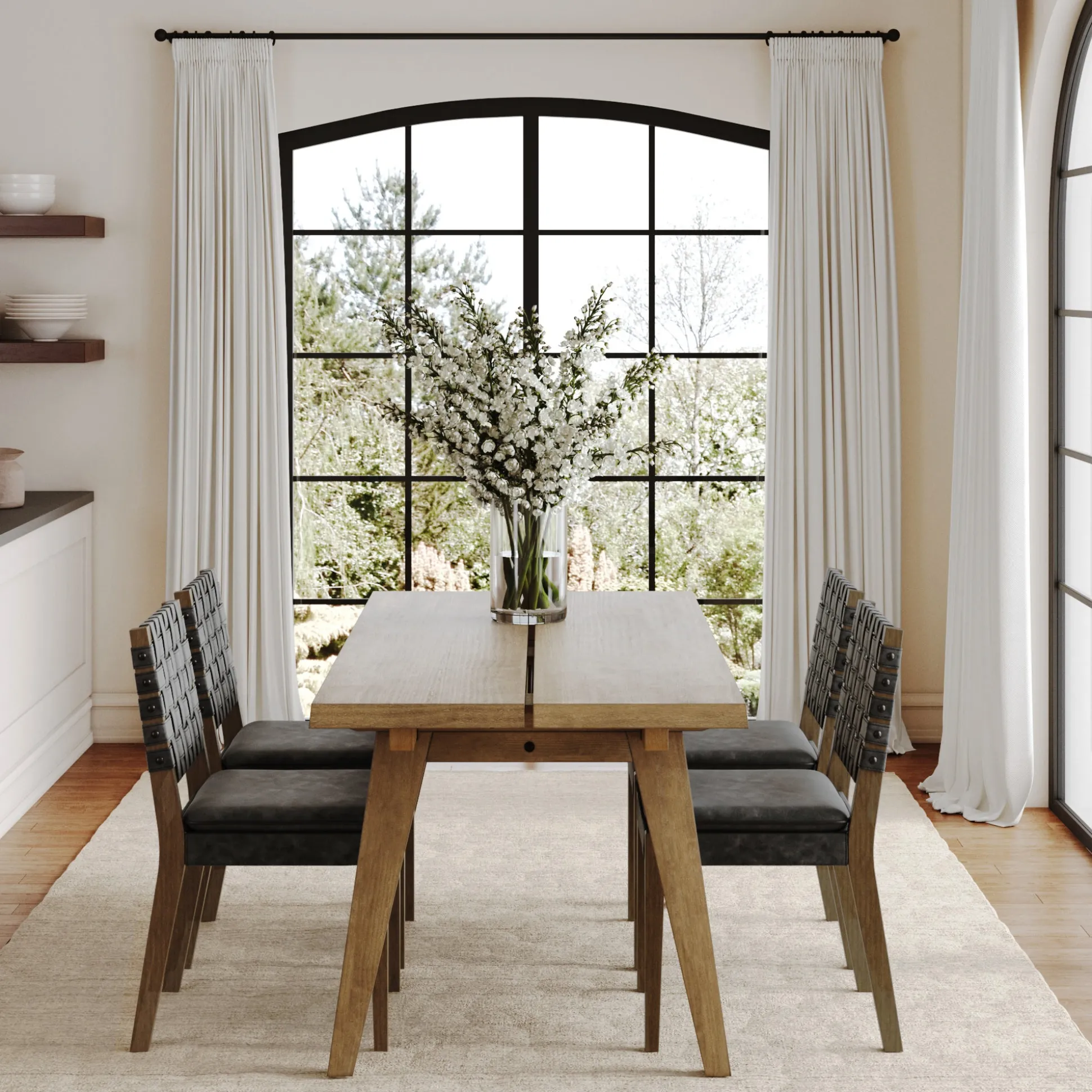 Mid Century Faux Leather Dining Set Black (4 Chairs)