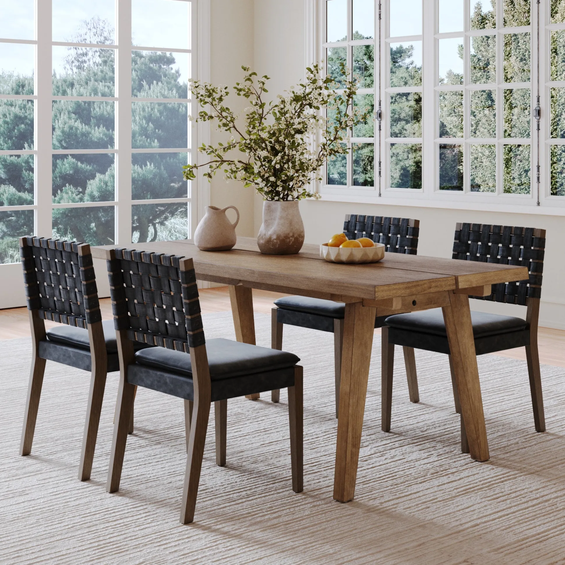 Mid Century Faux Leather Dining Set Black (4 Chairs)