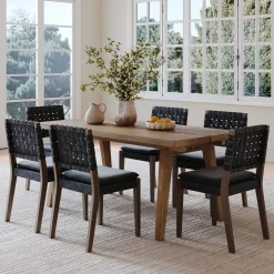 Mid Century Faux Leather Dining Set Black (6 Chairs)