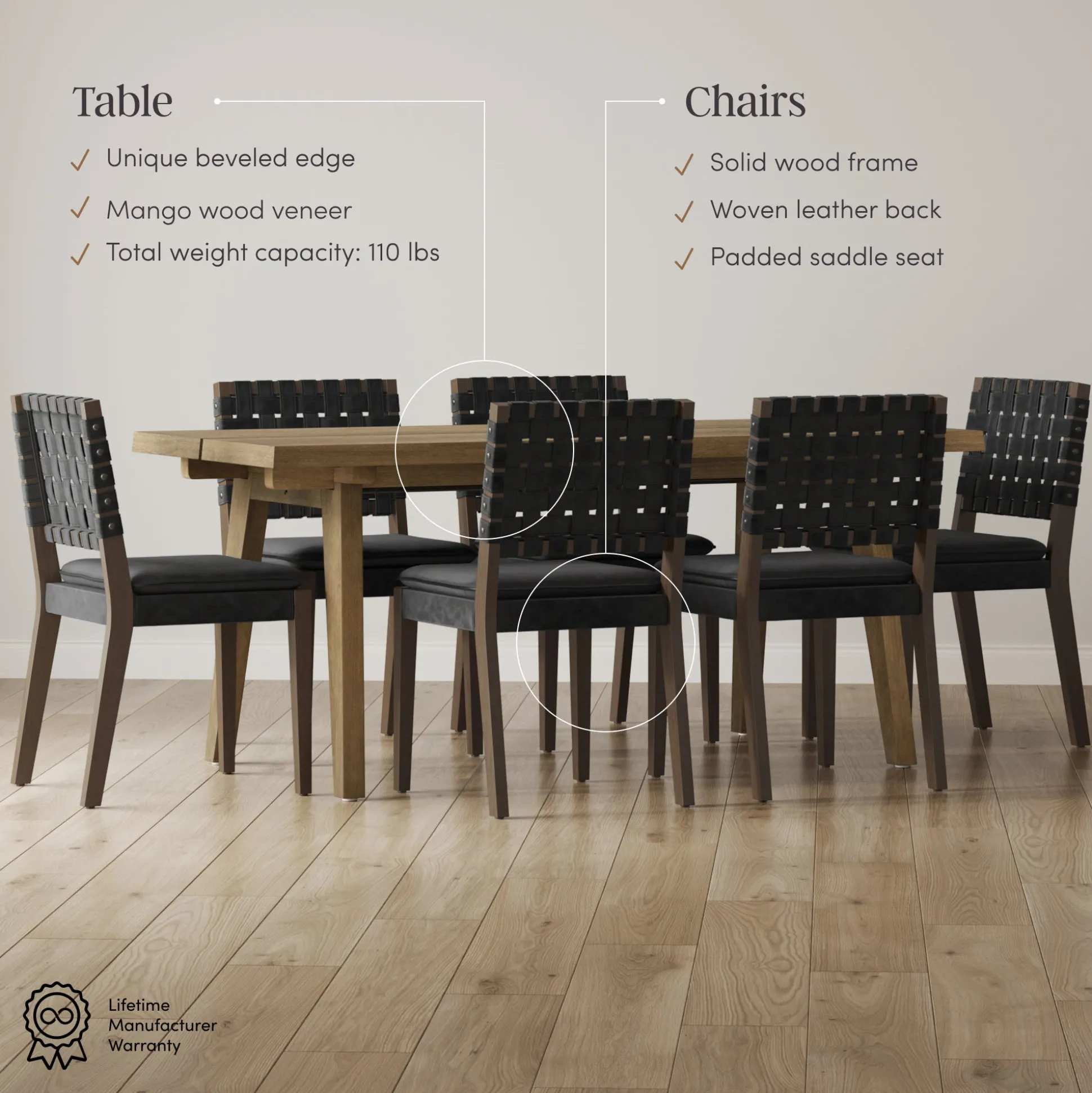 Mid Century Faux Leather Dining Set Black (6 Chairs)