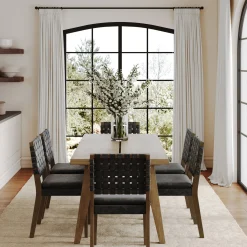 Mid Century Faux Leather Dining Set Black (6 Chairs)