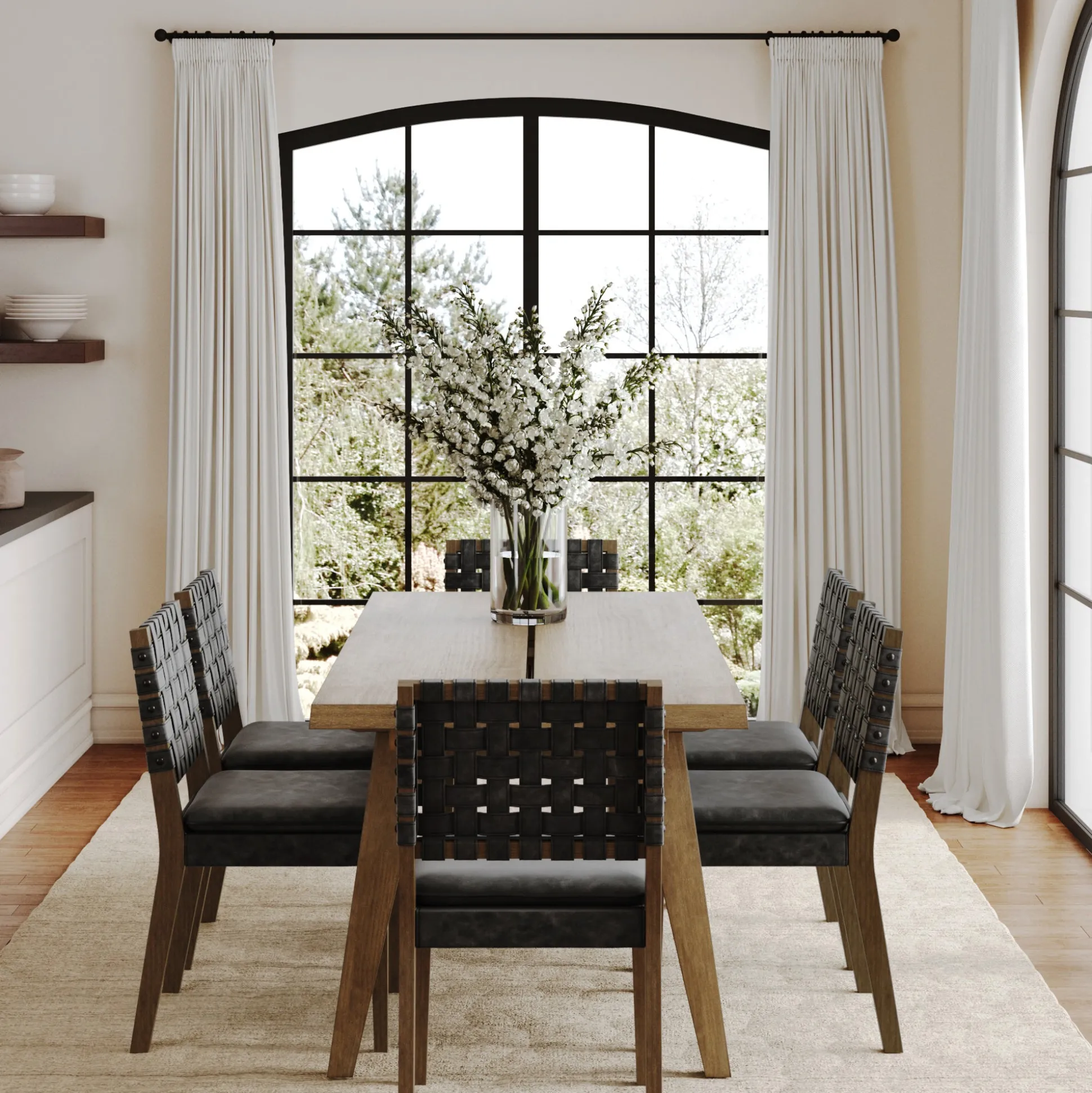 Mid Century Faux Leather Dining Set Black (6 Chairs)