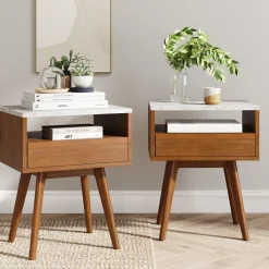 Mid-Century Faux Marble Nightstands (Set of 2)