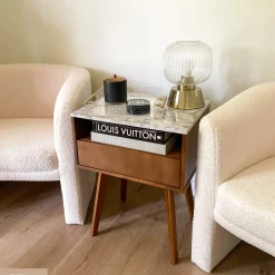 Mid-Century Faux Marble Nightstand with Drawer