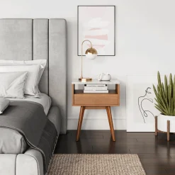 Mid-Century Faux Marble Nightstand with Drawer