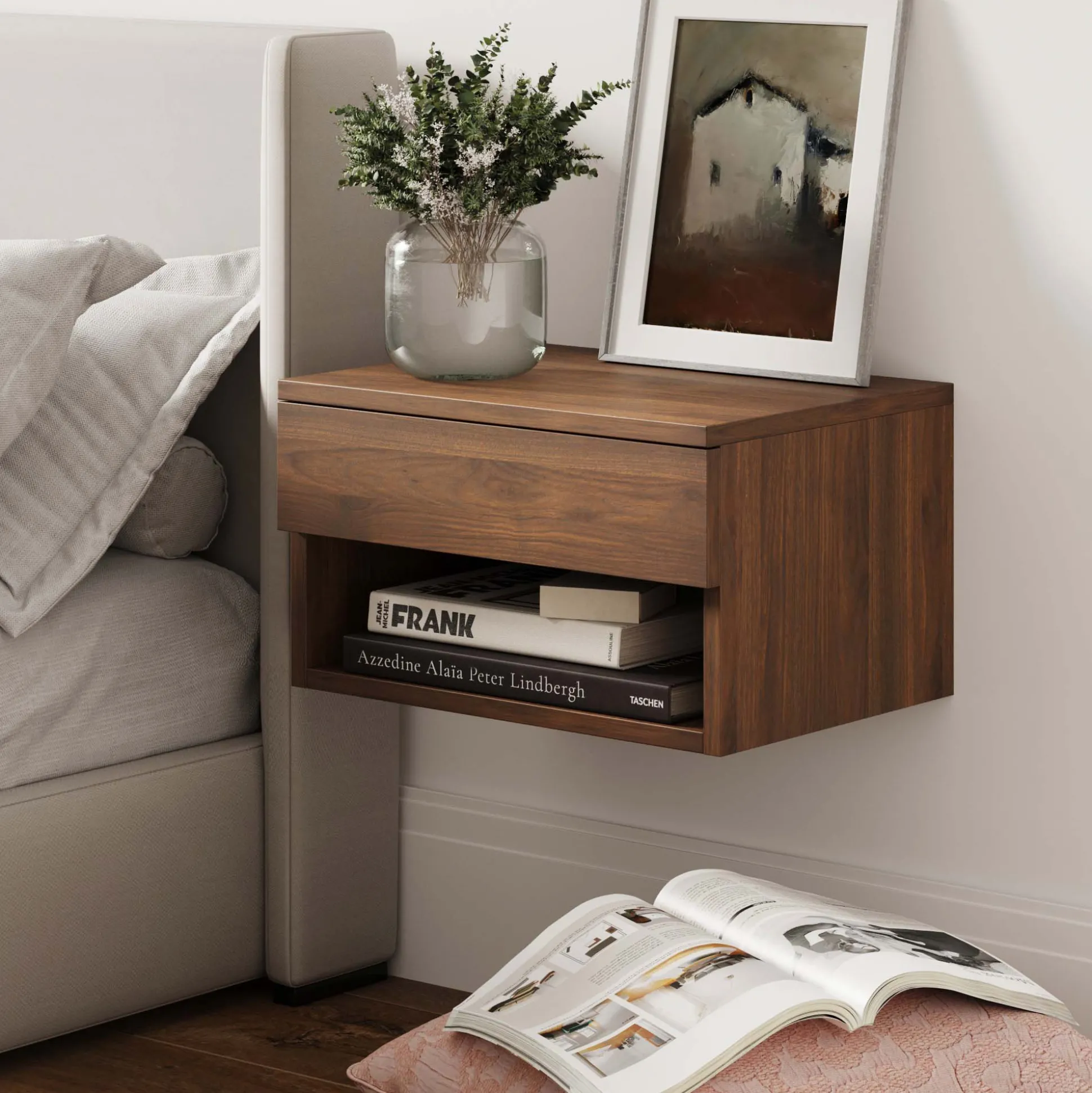 Mid-Century Floating Drawer Nightstand Walnut