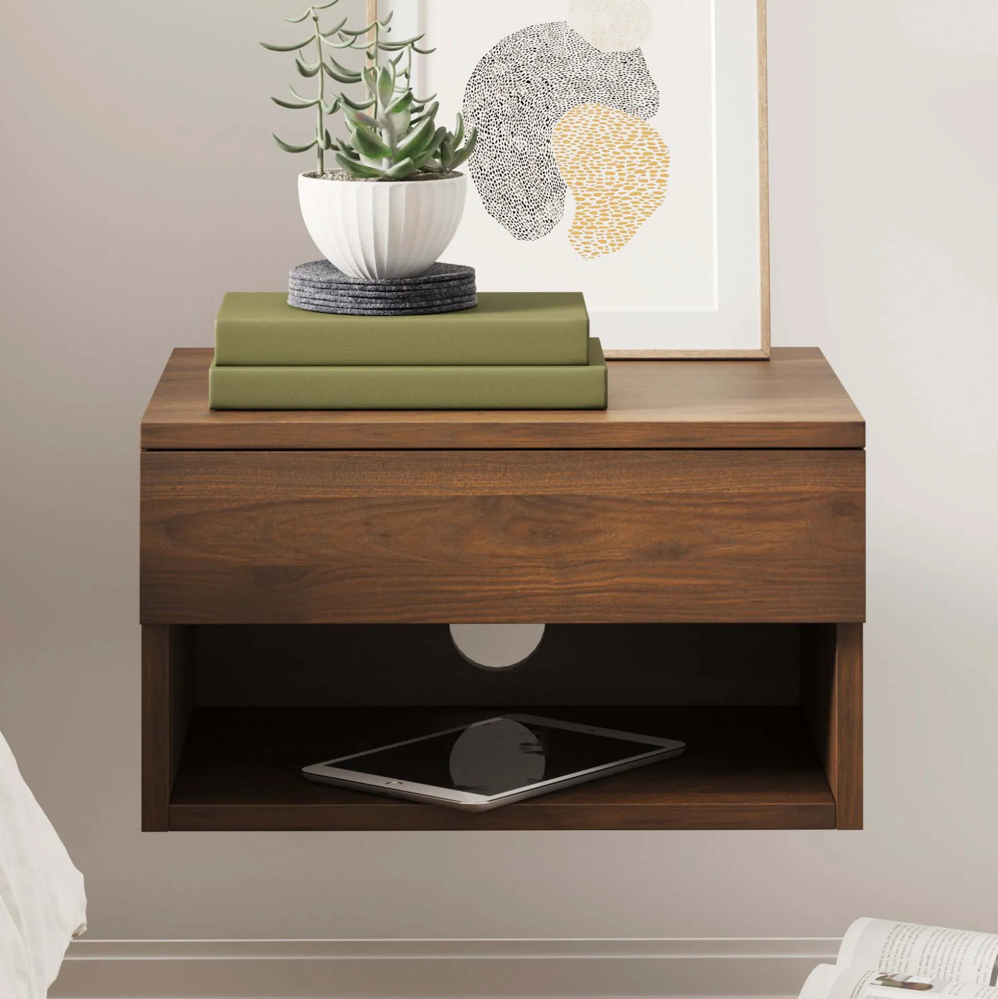 Mid-Century Floating Drawer Nightstand Walnut
