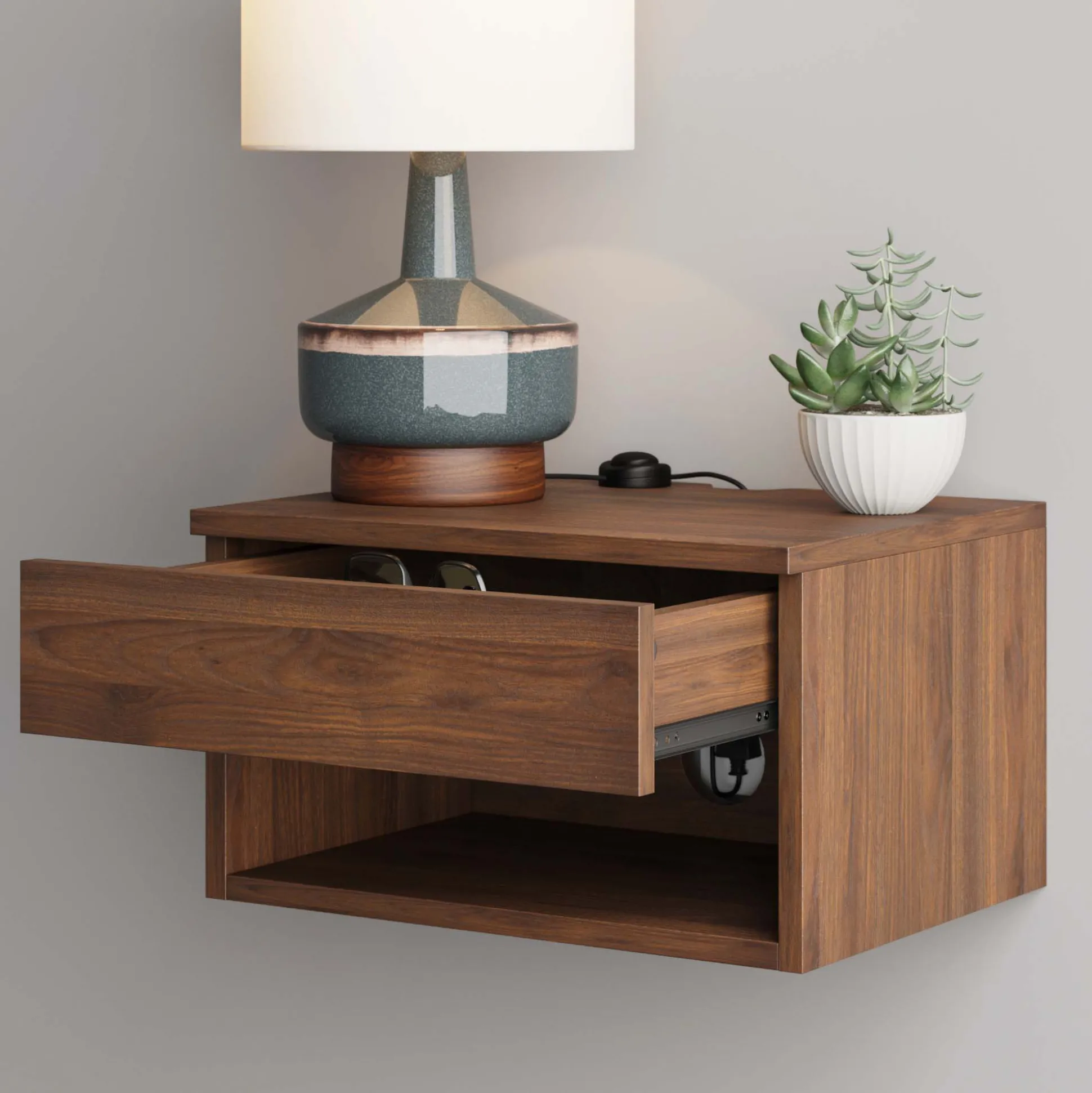 Mid-Century Floating Drawer Nightstand Walnut