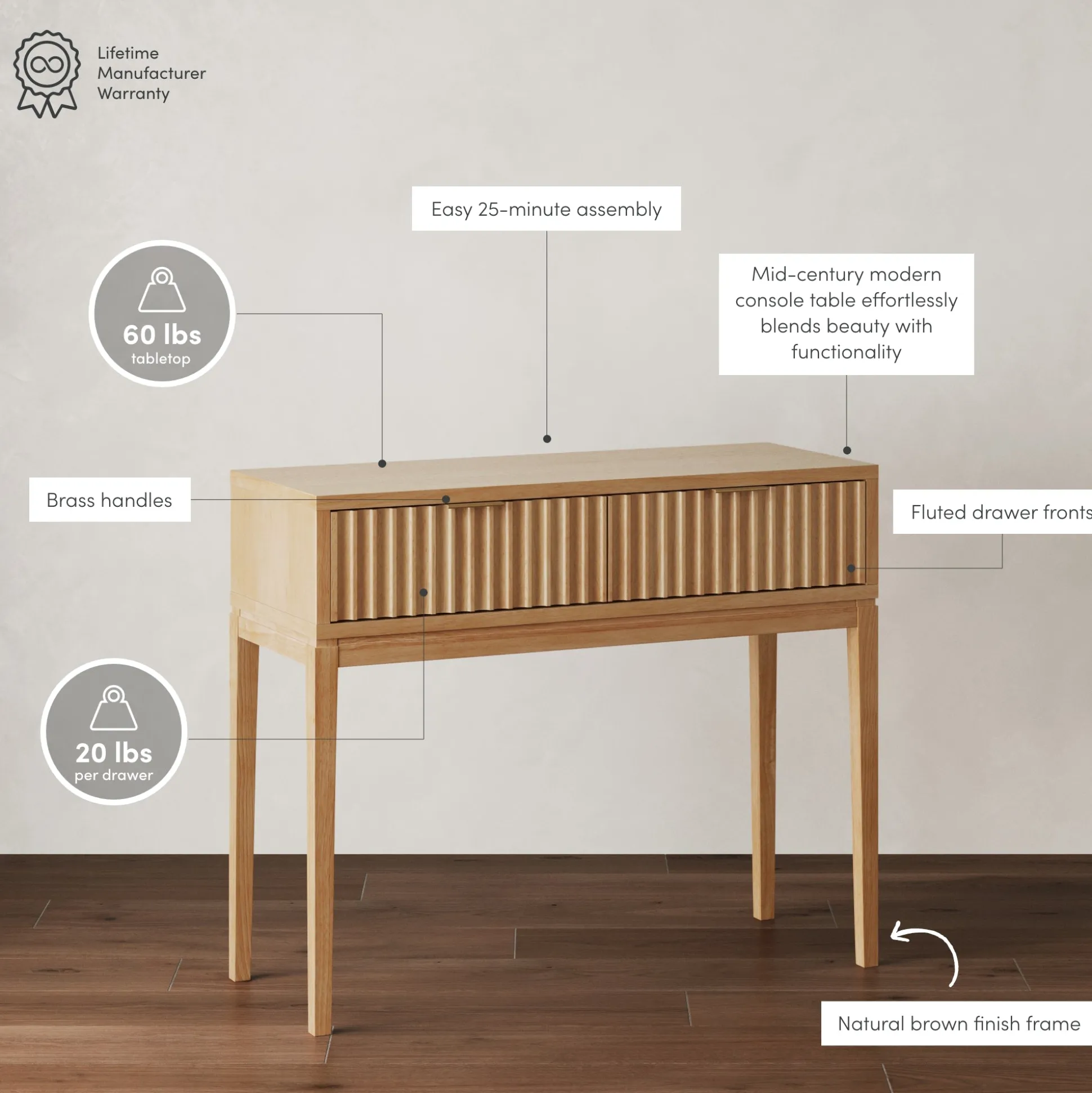 Mid-Century Fluted 2-Drawer Console Table