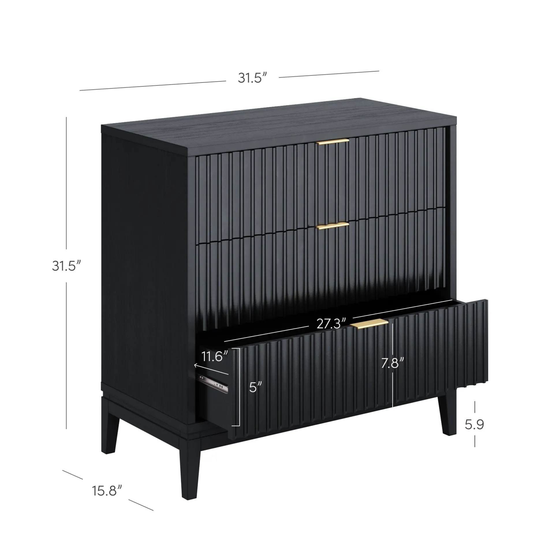 Mid-Century Fluted 3-Drawer Dressers Black Oak (Set of 2)