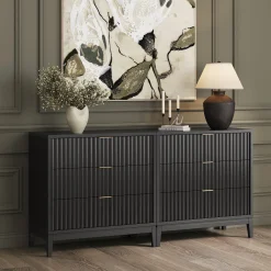 Mid-Century Fluted 3-Drawer Dressers Black Oak (Set of 2)