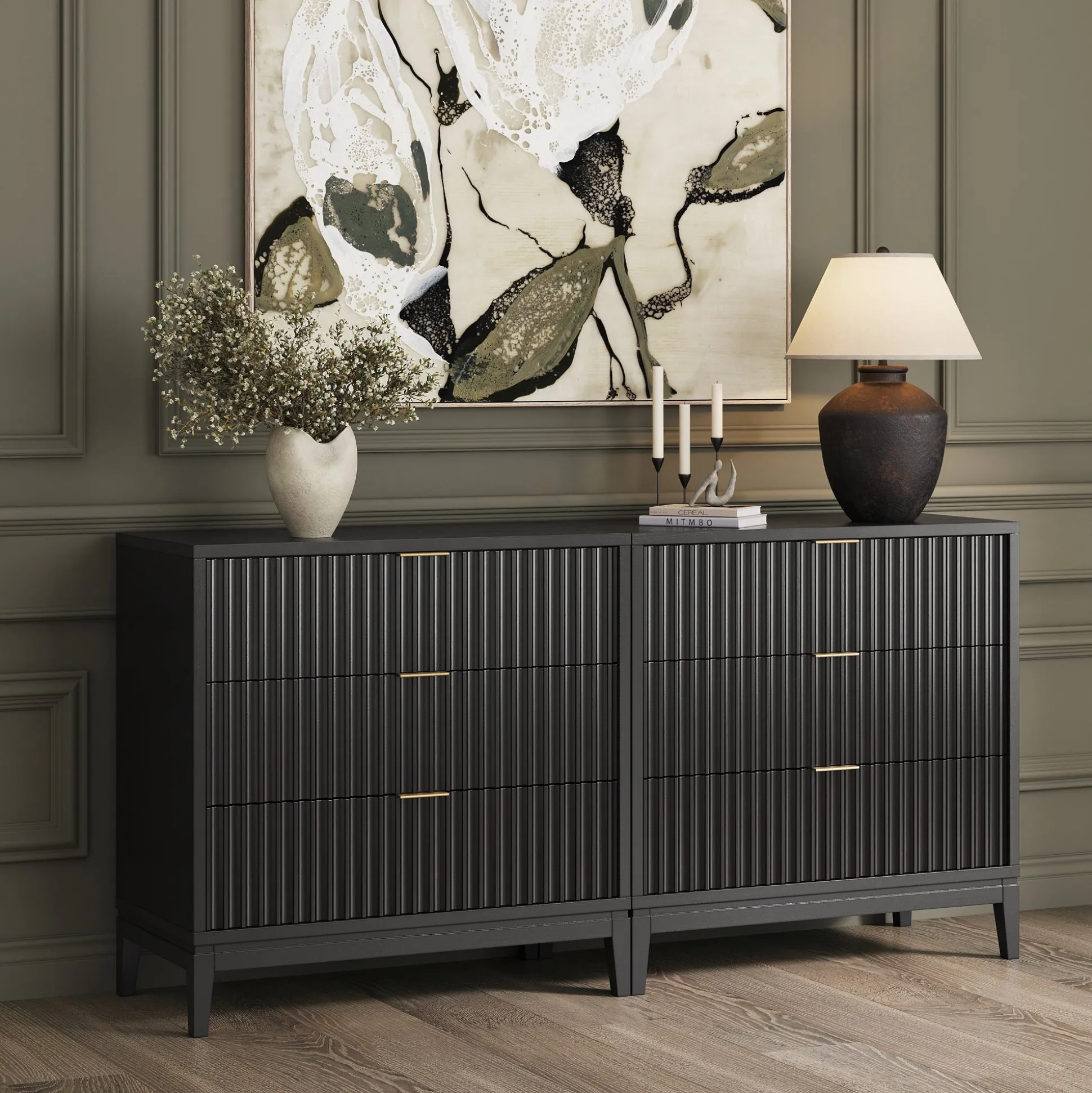 Mid-Century Fluted 3-Drawer Dressers Black Oak (Set of 2)
