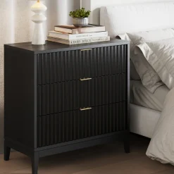 Mid-Century Fluted 3-Drawer Dresser Black Oak
