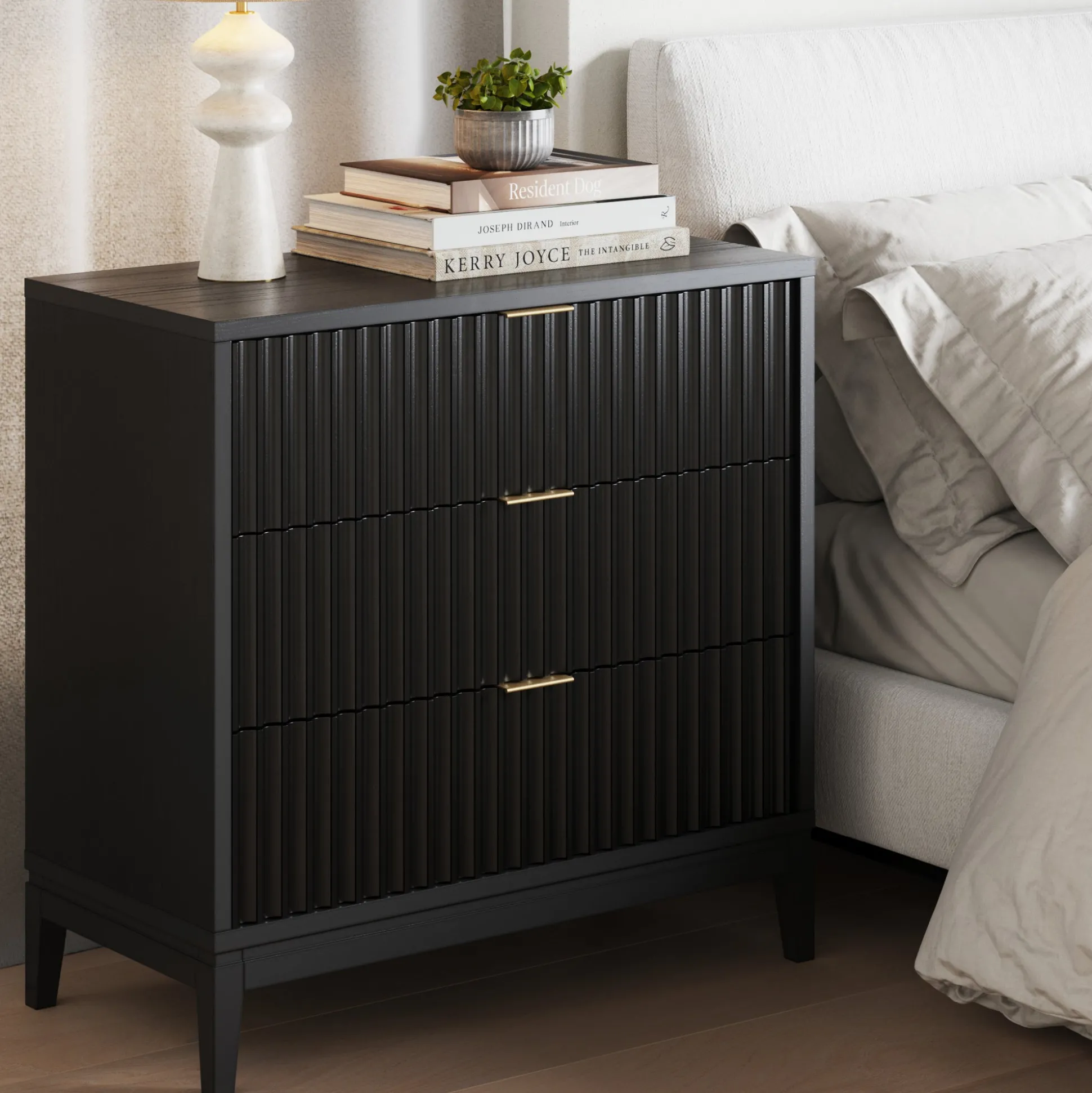 Mid-Century Fluted 3-Drawer Dresser Black Oak