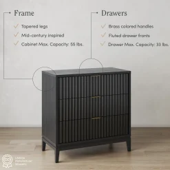 Mid-Century Fluted 3-Drawer Dresser Black Oak