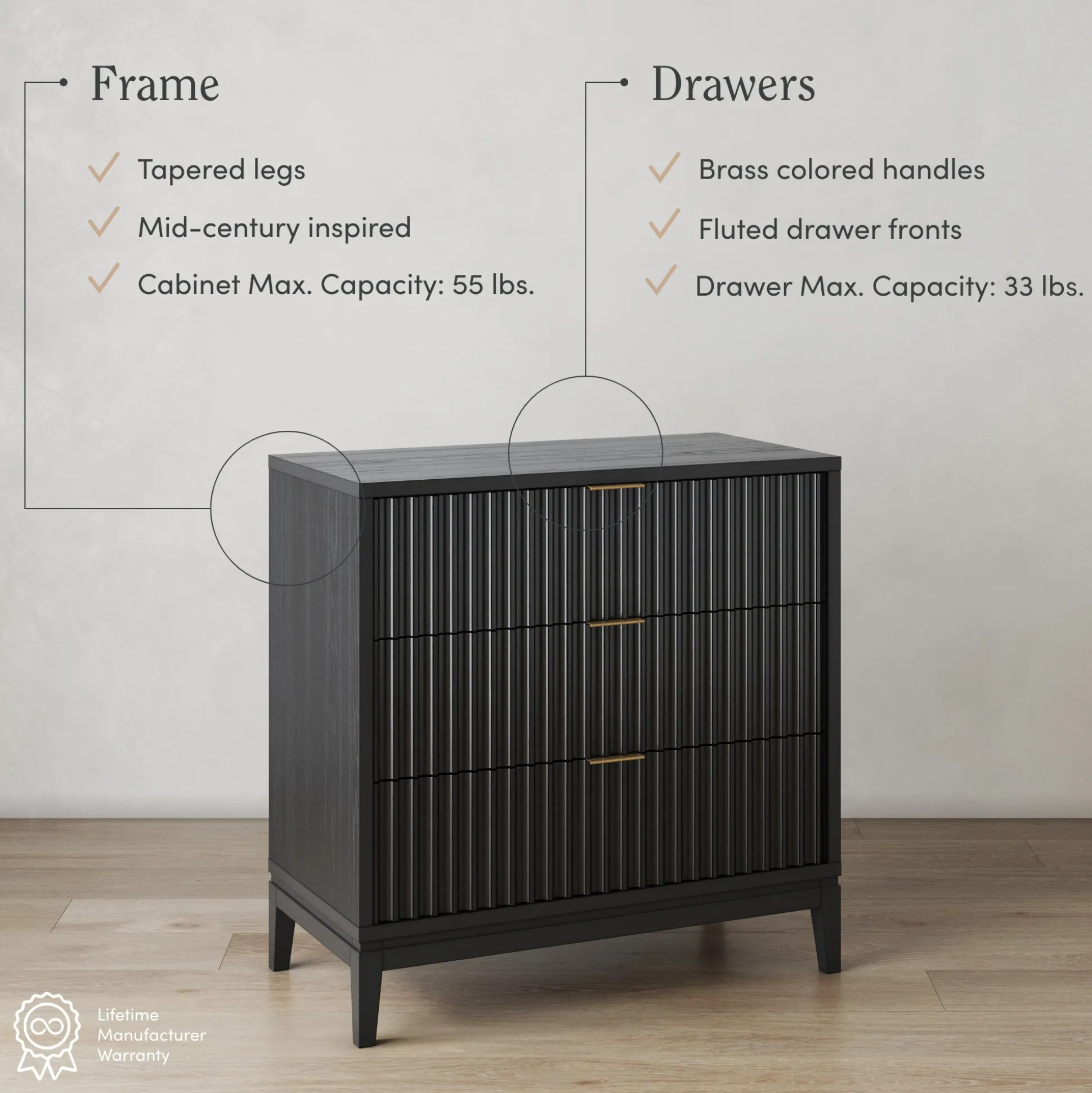 Mid-Century Fluted 3-Drawer Dresser Black Oak