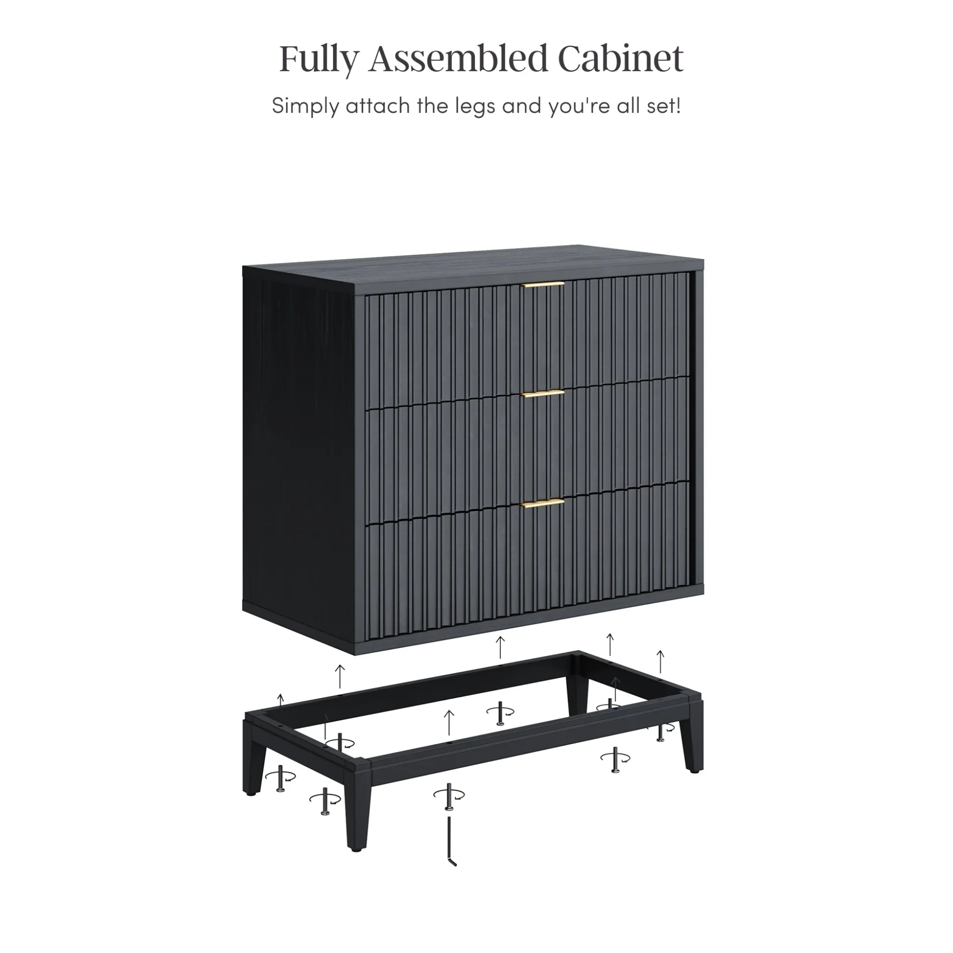 Mid-Century Fluted 3-Drawer Dresser Black Oak
