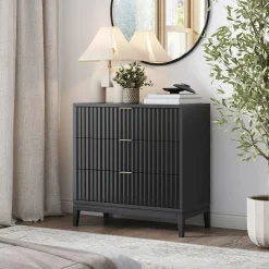Mid-Century Fluted 3-Drawer Dresser Black Oak